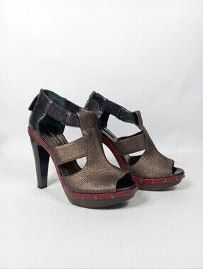 NANETTE LEPORE Green Black Red Bronze Platform High Heel Sandal Womens Size 9